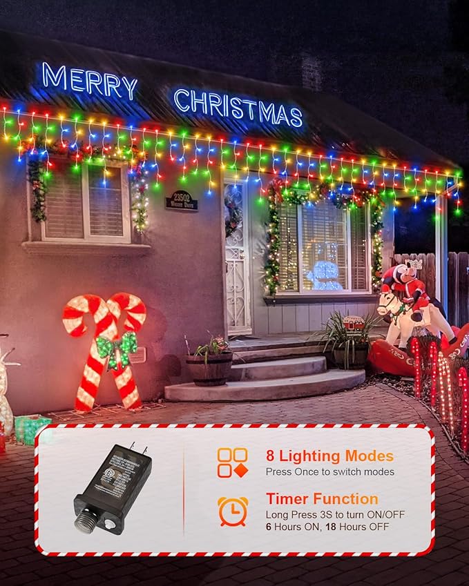 159 FT Christmas Lights Outdoor, 1458 LED Waterproof Outside Christmas Lights Plug in, Timer & Memory, 8 Modes Fairy Lights with 324 Drops for House Eaves Yard Patio Decorations, Multicolor