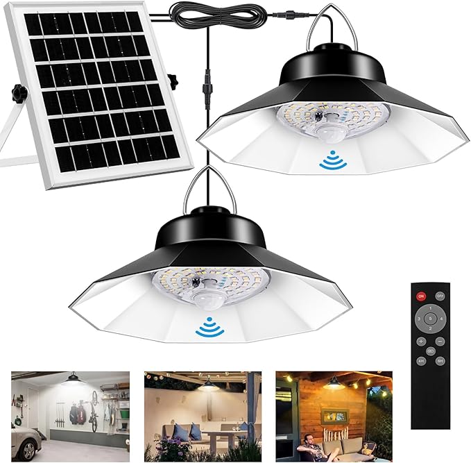 Solar Shed Lights Indoor Outdoor Aqonsie Dual Solar Pendant Daytime Work Lights with 3 Colors Temperature & 5 Lighting Modes+2 Timers, 1200LM Solar Motion Indoor Lights with Remote for Gazebo Barn