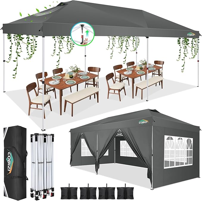 COBIZI 10x20 Pop Up Canopy Tent with 6 Removable Sidewalls,Waterproof & UV 50+ Easy Up Canopy,Commercial Gazebo with Air Vent,4 Sand Bags,4 Stakes & 8 Ropes,Tents for Parties/Camping/Backyard,Gray
