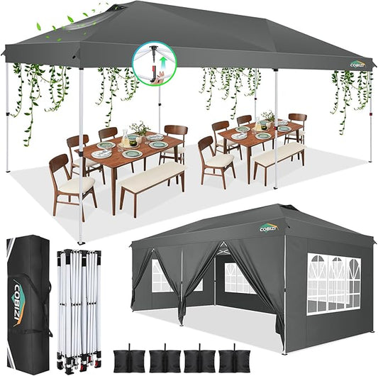 COBIZI 10x20 Pop Up Canopy Tent with 6 Removable Sidewalls,Waterproof & UV 50+ Easy Up Canopy,Commercial Gazebo with Air Vent,4 Sand Bags,4 Stakes & 8 Ropes,Tents for Parties/Camping/Backyard,Gray