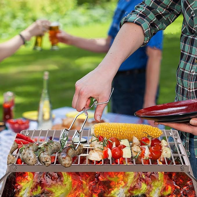 13.6" Folding Campfire Grill 304 Stainless Steel Grate, Heavy Duty & Portable Camping Grill Grate with Carrying Bag for Camping, Hiking, Backpacking, BBQ, Cooking