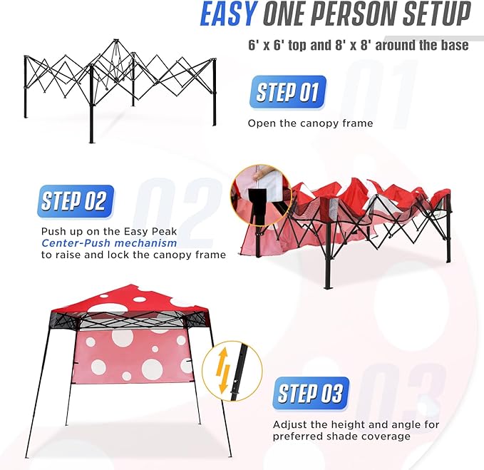 EAGLE PEAK 8x8 Pop Up Canopy Tent with Sidewall, Compact, Portable Slant Leg Instant Sun Shelter for Beach, Sports, & Camping, 8x8 Base 6x6 Top, Red Mushroom