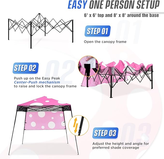 EAGLE PEAK 8x8 Pop Up Canopy Tent with Sidewall, Compact, Portable Slant Leg Instant Sun Shelter for Beach, Sports, & Camping, 8x8 Base 6x6 Top, Pink Mushroom