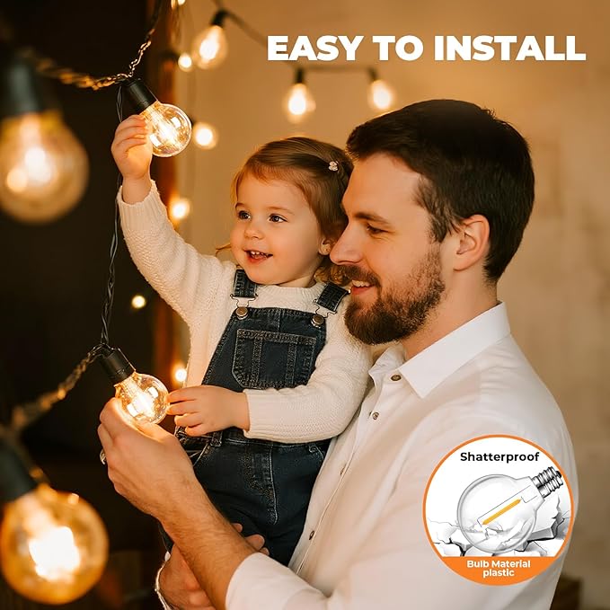 50 Pack LED G40 Replacement Bulbs for String Lights, Shatterproof Plastic Globe Bulb for Indoor Outdoor Patio Decor, E12 Candelabra Socket Base, Warm White