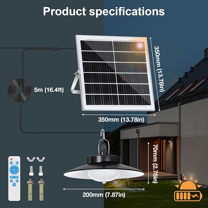 Solar Pendant Lights Outdoor,Solar Shed Light Dimmable with Motion Sensor,Solar Powered Lights with Upgrade 5 Lighting Modes & Remote Control for Shed,Patio,Barn,Garage,Chicken Coop