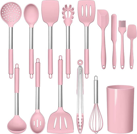 LIANYU 15 Piece Cooking Utensils Set with Stainless Steel Handle, Silicone Kitchen Gadgets with Holder, Heat Resistant Spatula Spoon Turner Tong Whisk Brush Tools for Cooking, Dishwasher Safe, Pink