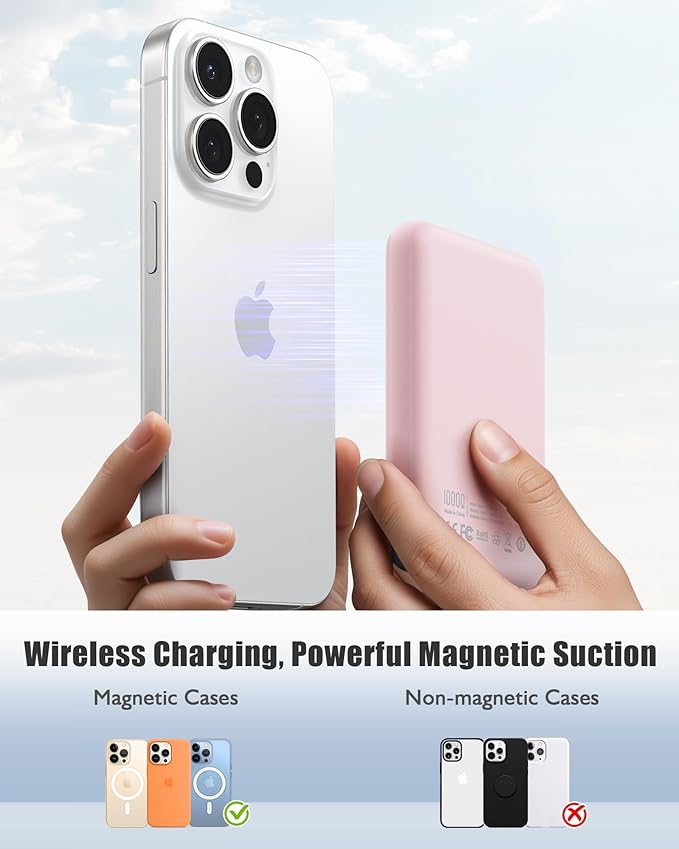 Magsafe Portable Charger, Ultra-Slim 10,000mAh Magnetic Wireless Portable Charger, PD 20W Fast Charging Power Bank, Magsafe-Compatible Battery Pack for iPhone Series (Pink)