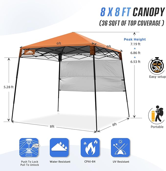 EAGLE PEAK 8x8 Pop Up Canopy Tent with Sidewall, Compact, Portable Slant Leg Instant Sun Shelter for Beach, Sports, & Camping, 8x8 Base 6x6 Top, Orange