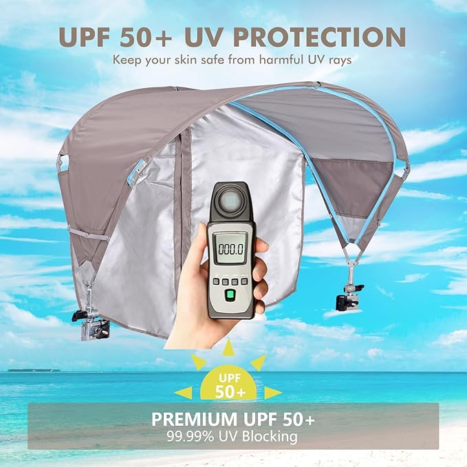 Universal Chair Umbrella Canopy, UPF 50+ Sun Shade with Adjustable Clamp Clip for Beach Chair, Outdoor Camping Chair, Sports Chair, Lawn Chair, Tanning Chair, Zero Gravity Chair, 2 Pack Beige