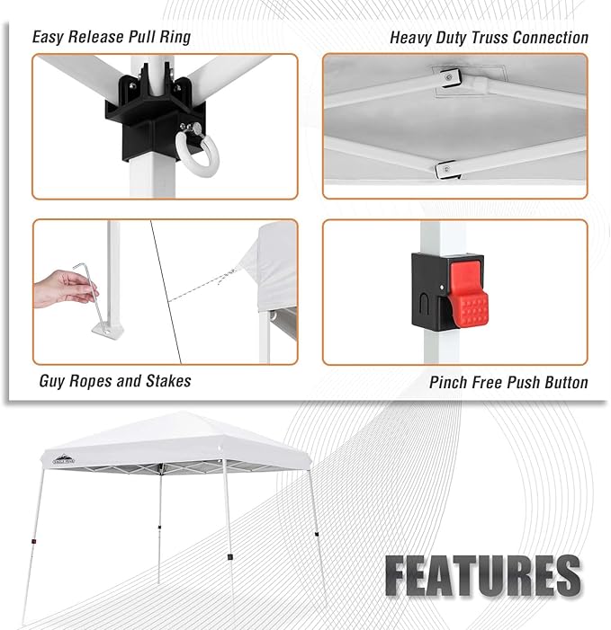 EAGLE PEAK 10x10 Slant Leg Outside Pop Up Canopy, Instant Outdoor Canopy Tent, 8x8 Top 10x10 Base Sun Shelter with Wheeled Carry Bag, Ropes and Stakes, White