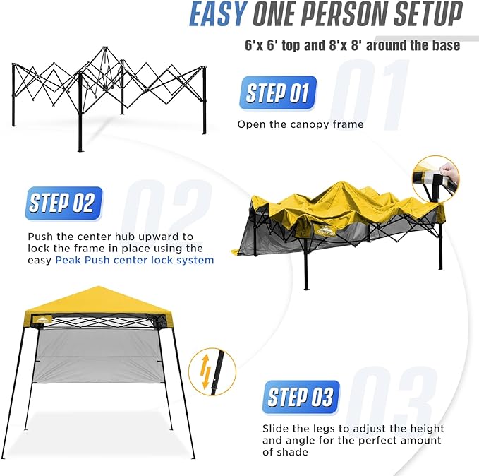 EAGLE PEAK 8x8 Pop Up Canopy Tent with Sidewall, Compact, Portable Slant Leg Instant Sun Shelter for Beach, Sports, & Camping, 8x8 Base 6x6 Top, Yellow