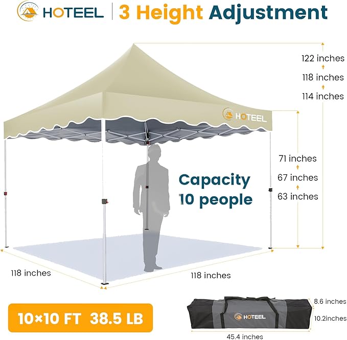 HOTEEL 10×10 Pop Up Canopy, UV 50+ and Waterproof Canopy Tent 10×10, Thickened Frame, Large Space Easy Pop Up Canopy, Outdoor Canopy for Weddings, Beaches, Parties, Patio (Khaki)
