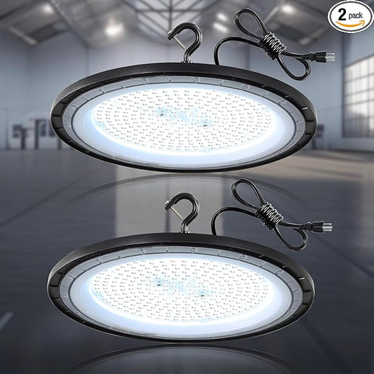 LED High Bay Light 100W 15000lm, LED High Bay Shop Light with US Plug, UFO LED High Bay Light for Garage Workshop Barn Warehouse, Commercial Bay Lighting 5000K-Daylight 2 Pack