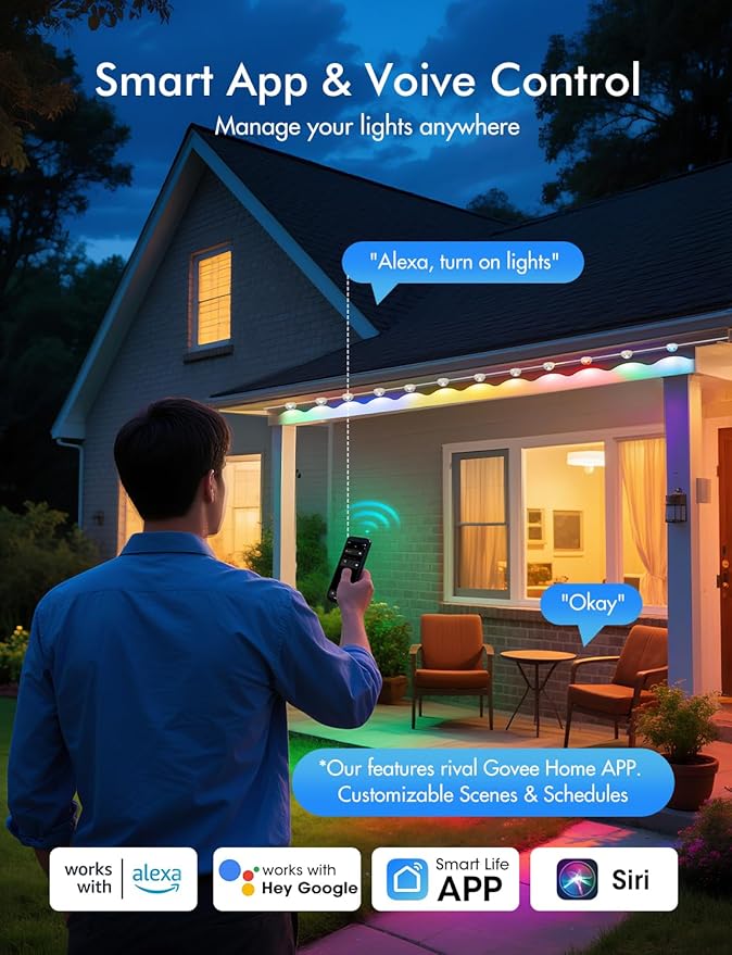 Smart Permanent Outdoor Lights Pro, 55ft with 36 RGB+IC Led Permanent Outdoor Lights for House, 51 Scenes, IP68 Waterproof, App/Remote Control for Christmas House Roof Lighting