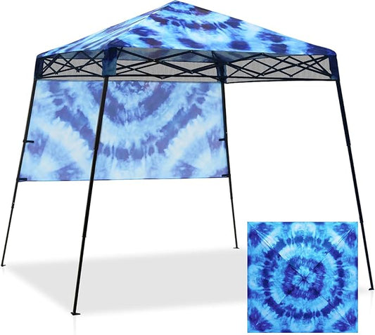 EAGLE PEAK 8x8 Pop Up Canopy Tent with Sidewall, Compact, Portable Slant Leg Instant Sun Shelter for Beach, Sports, & Camping, 8x8 Base 6x6 Top, Tie Dye Blue