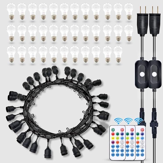 96FT Outdoor Patio Lights Color Changing, RGB LED String Lights with 32 E26 Shatterproof Edison Bulbs, Dimmable Patio String Lights for Backyard Garden, 2 Remote Controllers