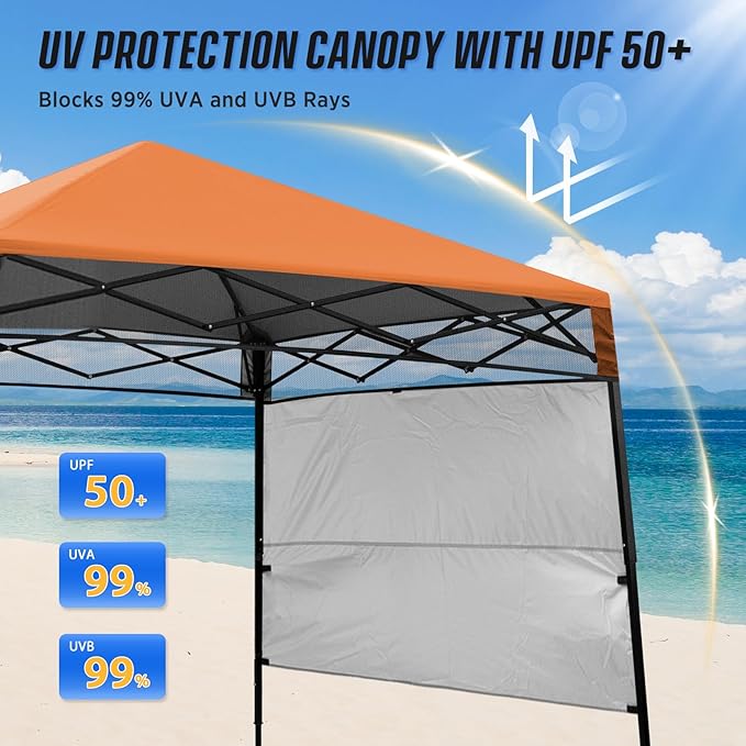 EAGLE PEAK 8x8 Pop Up Canopy Tent with Sidewall, Compact, Portable Slant Leg Instant Sun Shelter for Beach, Sports, & Camping, 8x8 Base 6x6 Top, Orange