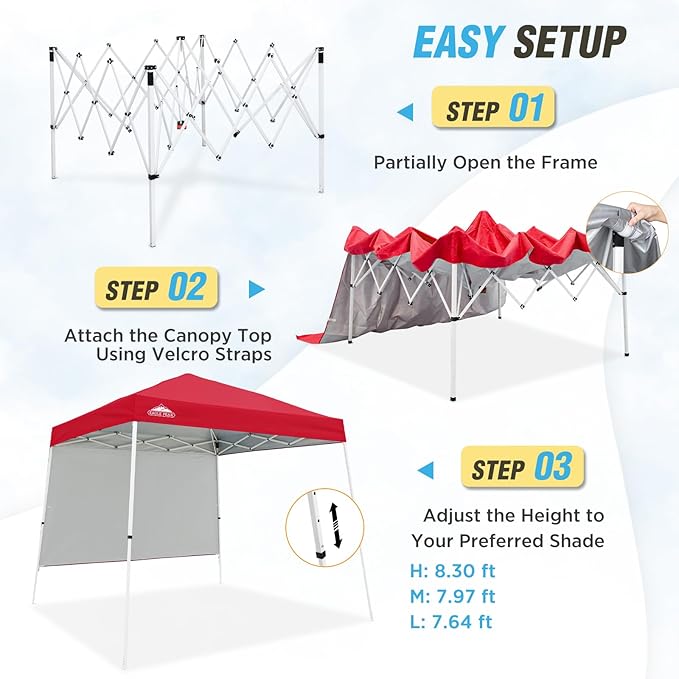 EAGLE PEAK 10x10 Pop Up Canopy Tent with Sidewall, Compact, Portable Slant Leg Instant Sun Shelter for Beach, Sports, & Camping, 10x10 Base 8x8 Top, Red