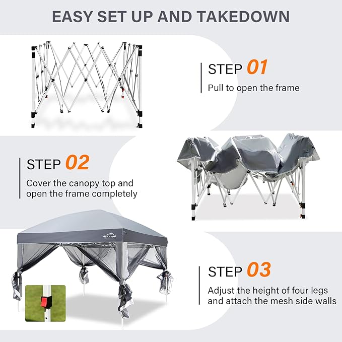 Canopy Tent with Netting Screen,10x10 Easy Pop Up Gazebo for Outdoor Parties,Camping,Foldable Patio Gazebo with Roller Bag and 4 Sandbags(Grey)