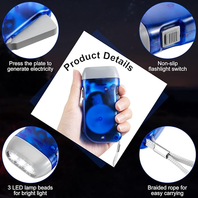 Treela 36 Pcs Hand Crank Flashlights Operation Christmas Items Bulk Squeeze Flashlight No Battery Required Torchlight 3 Powered Charging for Emergency(Yellow, Gray, Blue, Red)