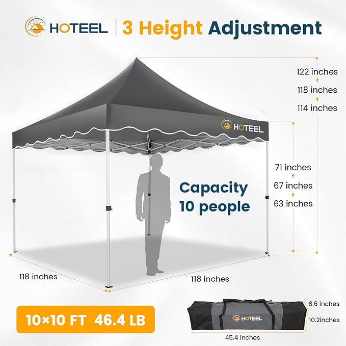 HOTEEL 10×10 Pop Up Canopy, UV 50+ and Waterproof Canopy Tent 10×10, Thickened Frame, Large Space Easy Pop Up Canopy, Outdoor Canopy for Weddings, Beaches, Parties, Patio (Grey)