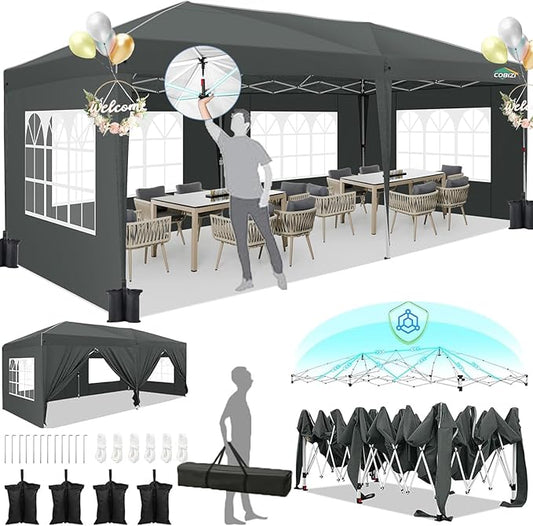 HOTEEL 10x20 Pop Up Canopy with 6 Sidewalls,One-Push Setup Canopy Tent with 8 Windbreak Poles,Waterproof Shade 10x20,Outdoor Canopies for Parties,Weddings,Camping,Patios (Grey)