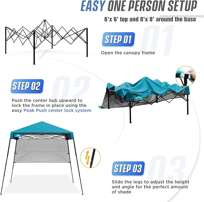 EAGLE PEAK 8x8 Pop Up Canopy Tent with Sidewall, Compact, Portable Slant Leg Instant Sun Shelter for Beach, Sports, & Camping, 8x8 Base 6x6 Top, Turquoise