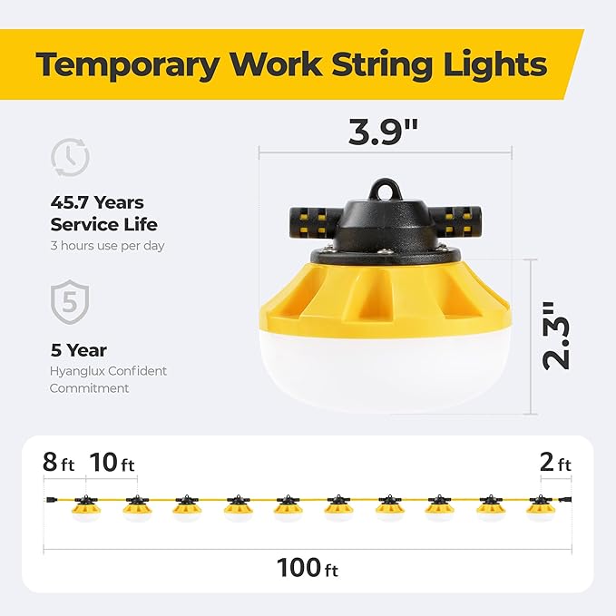 100ft Construction String Lights: 100w 11000lm ETL Certified Bright Industrial Outdoor Temporary Lighting Led Hanging IP65 Waterproof 18AWG Wire Work Light for Attic Jobsite Garage