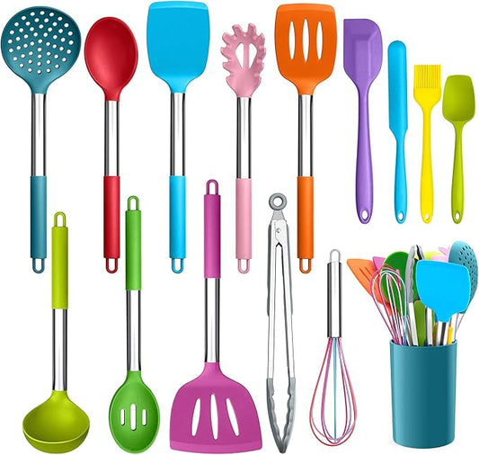 LIANYU 15-Piece Kitchen Cooking Utensils Set with Holder, Silicone Kitchen Tools Stainless Steel Handle, Slotted Spatula Spoon Turner Tong Whisk Brush for Cooking, Colorful