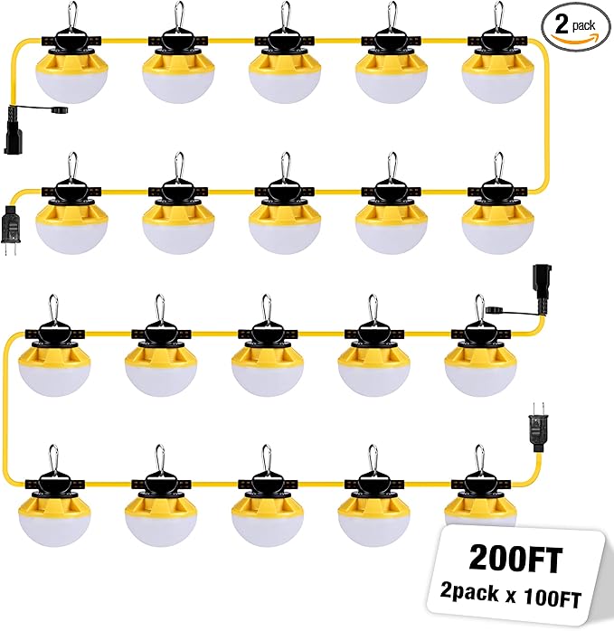 200FT Construction String Lights, IP65 Waterproof ETL Certified LED String Work Lights, 5000K Daylight 18AWG Wire Linkable Temporary Construction Lighting for Jobsite with 20 Bulbs & Hooks
