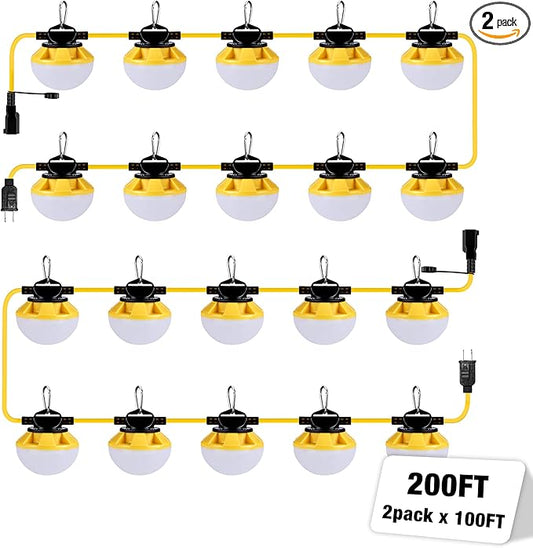 200FT Construction String Lights, IP65 Waterproof ETL Certified LED String Work Lights, 5000K Daylight 18AWG Wire Linkable Temporary Construction Lighting for Jobsite with 20 Bulbs & Hooks