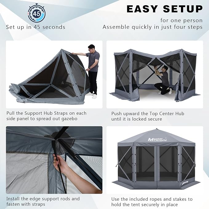 MASTERCANOPY 10x10FT Pop Up Gazebo Screen Tent - Instant Screen House with Netting, Quick Set, Outdoor Canopy Shelter with Carry Bag for Camping, Backyard & Patio (Gray)