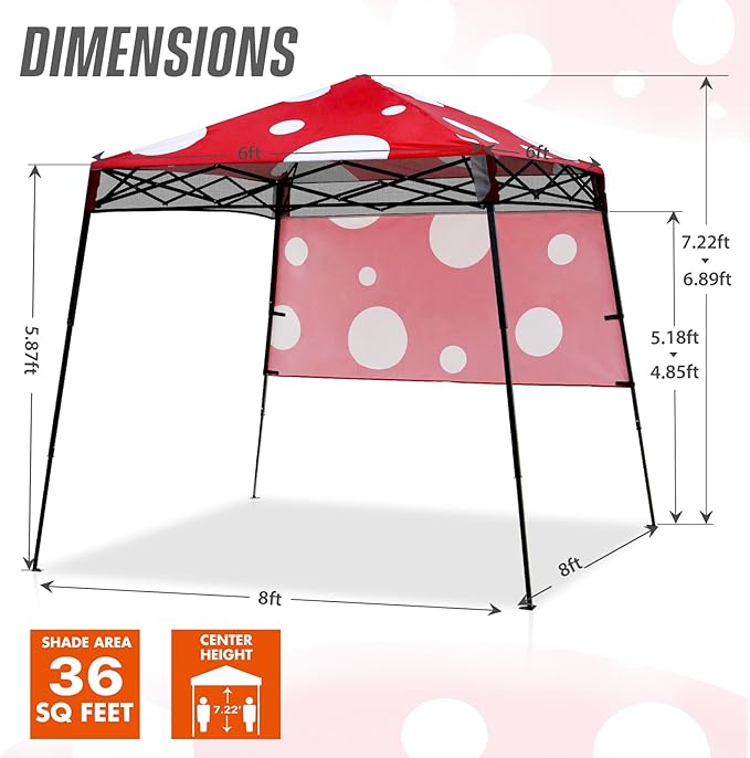 EAGLE PEAK 8x8 Pop Up Canopy Tent with Sidewall, Compact, Portable Slant Leg Instant Sun Shelter for Beach, Sports, & Camping, 8x8 Base 6x6 Top, Red Mushroom