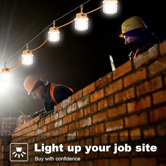 NS 50FT Construction String Lights LED Industrial Grade Super Bright 5000K IP65 Linkable for Construction Sites, Temporary Work, Renovation, Jobsite, All Outdoor Lighting, with 5 Bulbs and Hook
