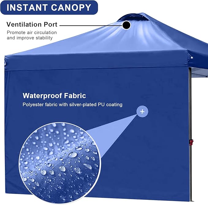 KAMPKEEPER 10x10 Pop Up Canopy Tent with 2 Sidewalls, Beach Tent - Easy Outdoor Sun Shade for Events, Parties, Camping - Gazebo with 4 Weight Bags & Carry Bag.（Navy Blue）