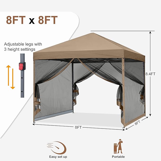 MASTERCANOPY Pop-Up Setup Outdoor Canopy with Netting Screen Walls(8x8, Khaki)