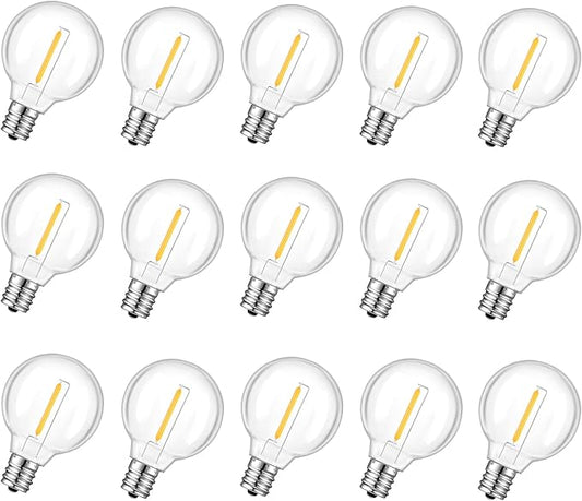 G40 LED Replacement Light Bulbs for String Lights, Dimmable E12 Base Shatterproof Bulbs, 0.6W Equal to 5W, Warm White 2200K, 15 Pack, Not Solar