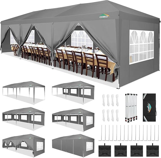 COBIZI 10x30 Pop Up Canopy with 8 Sidewalls Tents for Parties Waterproof Commercial Instant Canopy 10x30 Party Tent for Backyard, Wedding Portable Outdoor Gazebo with Carrybag&4 Sandbags, Gray