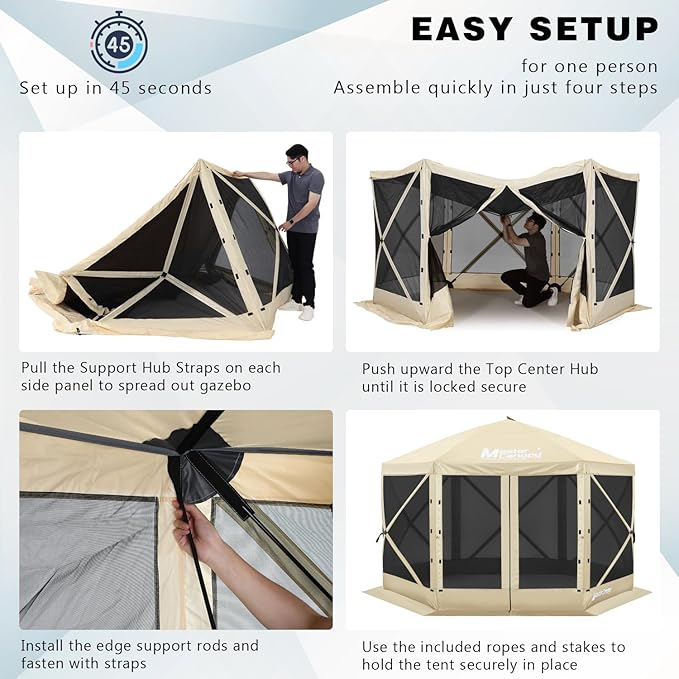 MASTERCANOPY 12x12FT Pop Up Gazebo Screen Tent - Instant Screen House with Netting, Quick Set, Outdoor Canopy Shelter with Carry Bag for Camping, Backyard & Patio (Beige)