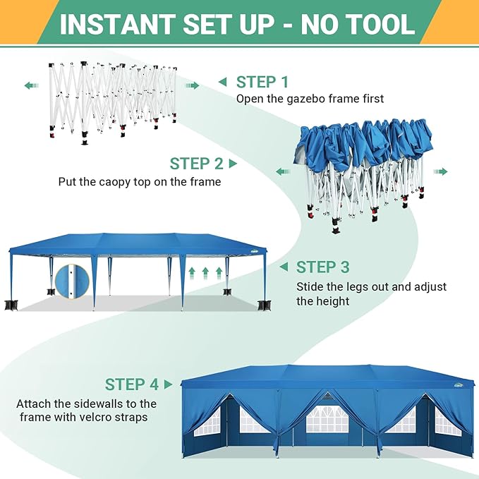COBIZI 10x30 Pop Up Canopy Tent for Parties with 8 Sidewalls Waterproof Commercial Instant Canopy 10x30 Party Tent for Backyard, Wedding Portable Outdoor Gazebo with Carrybag&4 Sandbags