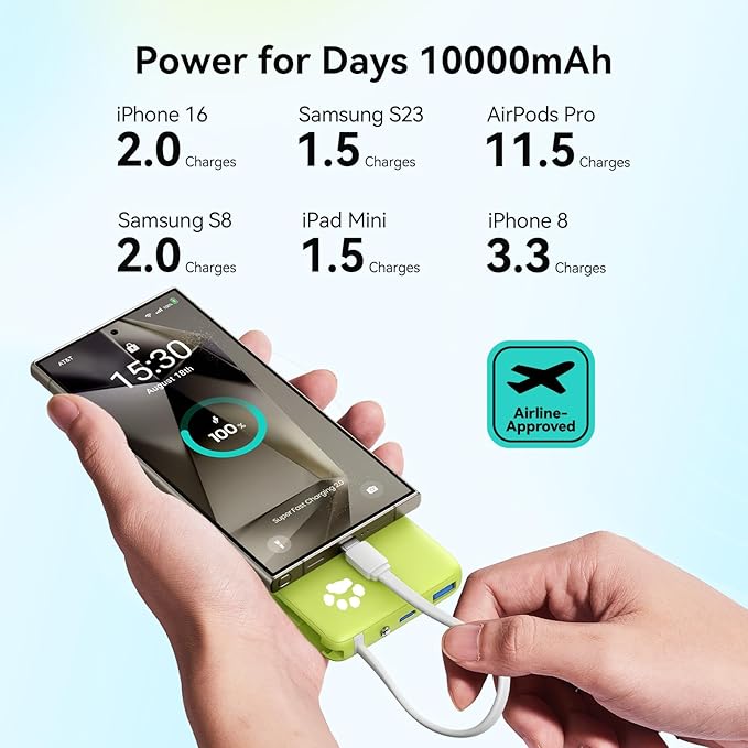 INIU PawGo Portable Charger, 45W PD 10000mAh Fast Charging Slim Power Bank, Built-in USB C Cable Battery Pack, Travel Essentials Powerbank for iPhone 16/15 Pro Max, Samsung S25/S24 etc, Tropic Punch