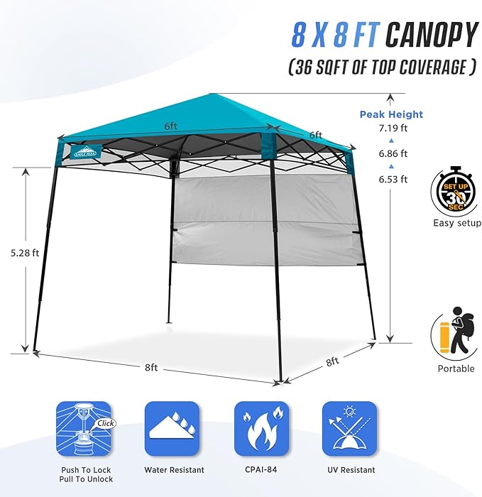 EAGLE PEAK 8x8 Pop Up Canopy Tent with Sidewall, Compact, Portable Slant Leg Instant Sun Shelter for Beach, Sports, & Camping, 8x8 Base 6x6 Top, Turquoise