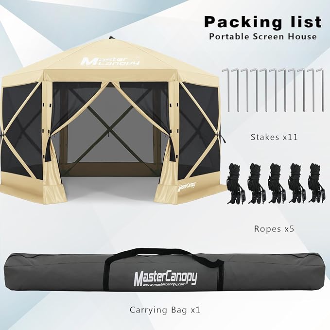 MASTERCANOPY 12x12FT Pop Up Gazebo Screen Tent - Instant Screen House with Netting, Quick Set, Outdoor Canopy Shelter with Carry Bag for Camping, Backyard & Patio (Beige)