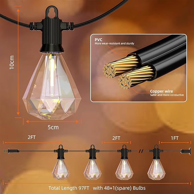 Kawaya Outdoor String Lights 97 FT LED Patio With 48+1 Shatterproof Unique Diamond Edison Bulbs 2700K Dimmable IP65 Waterproof for Yard Porch Deck Balcony Bistro Cafe