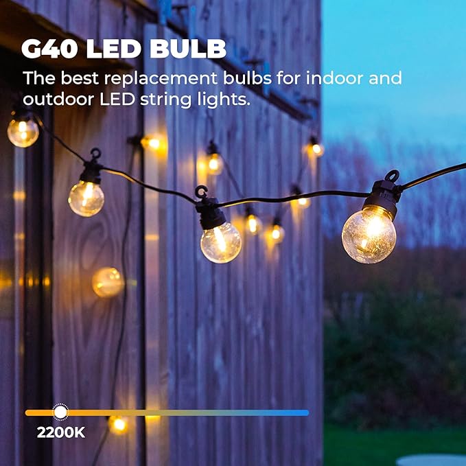 50 Pack LED G40 Replacement Bulbs for String Lights, Shatterproof Plastic Globe Bulb for Indoor Outdoor Patio Decor, E12 Candelabra Socket Base, Warm White