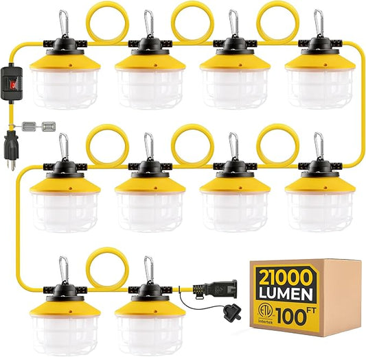 Outdoor Construction LED String Lights with Switch: 3 Prong 100FT 150w 21000lm ETL Certified Bright Industrial Temporary Lighting Hanging IP65 Waterproof Work Light for Attic Jobsite Garage