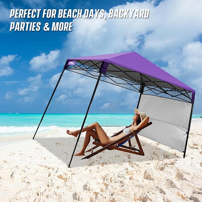 EAGLE PEAK 8x8 Pop Up Canopy Tent with Sidewall, Compact, Portable Slant Leg Instant Sun Shelter for Beach, Sports, & Camping, 8x8 Base 6x6 Top, Purple