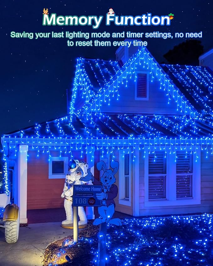 159 FT Christmas Lights Outdoor, 1458 LED Waterproof Outside Plug-in, Timer & Memory, 8 Modes Fairy Lights With 324 Drops for House Eaves Yard Patio Wedding Decorations, Blue