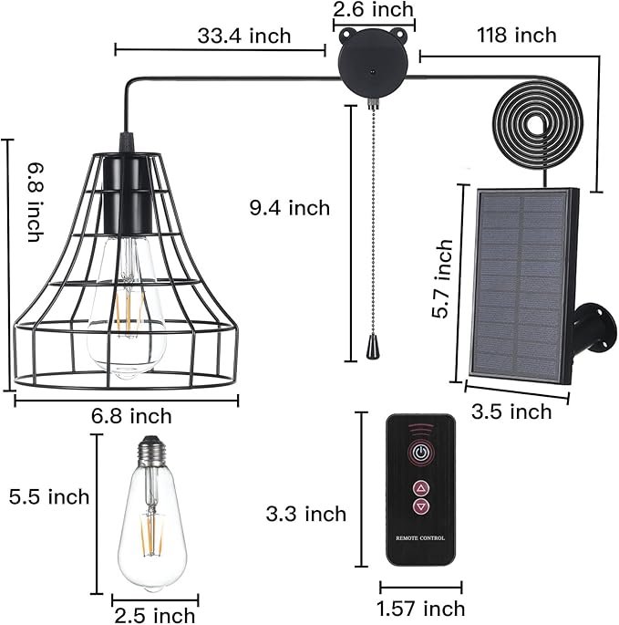 Solar Pendant Lights, Solar Powered Shed Light with Pull Cord and Remote for Outdoor Indoor, Solar Chandelier, Gazebo Lights with Adjustable Solar Panel for Yard Patio Balcony Barn Garage