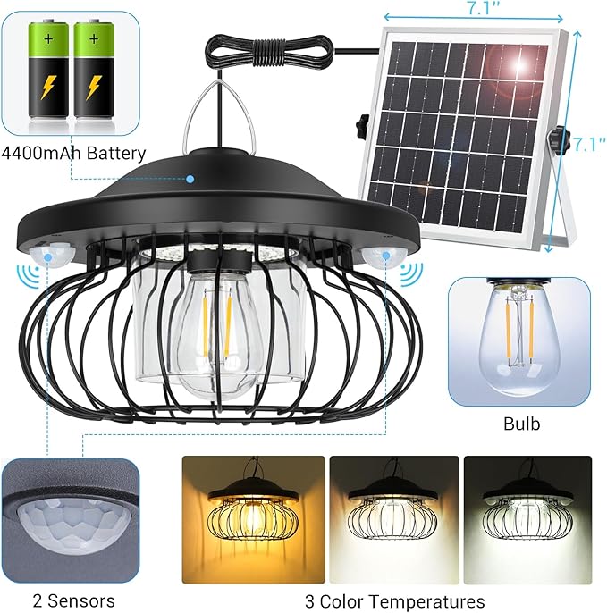 ropelux Solar Shed Light Outdoor Indoor, Bright 3000LM 5 Modes (Daytime Available) Lamp with 3 Color Temps Dual Motion Sensor Remote, Hanging Pendant Lights for Gazebo Barn Garage Shop, 1 Pack